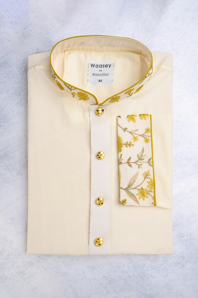 Cream Yellow Delicate Embroidery Panjabi